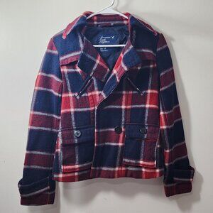 American Eagle Outfitters Plaid Wool Blend Coat Womens XSmall Peacoat Red Blue.